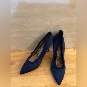 Sam Edelman Halan satin fringe pointed-toe pumps in navy blue